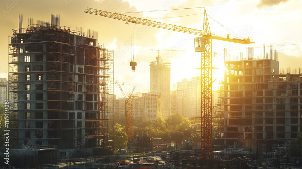 vibrant construction site with crane lifting heavy materials at sunset, surrounded by partially built skyscrapers and urban landscape, creating dynamic and bustling atmosphere vibrant construction site with crane lifting heavy materials at sunset, surrounded by partially built skyscrapers and urban landscape, creating dynamic and bustling atmosphere