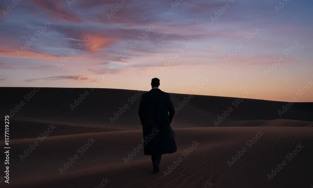 A man walking through a desert at dusk, wearing a long coat that flutters in the wind. The camera captures a wide shot, highlighting the dramatic sky and the vast, sandy landscape A man walking through a desert at dusk, wearing a long coat that flutters in the wind. The camera captures a wide shot, highlighting the dramatic sky and the vast, sandy landscape