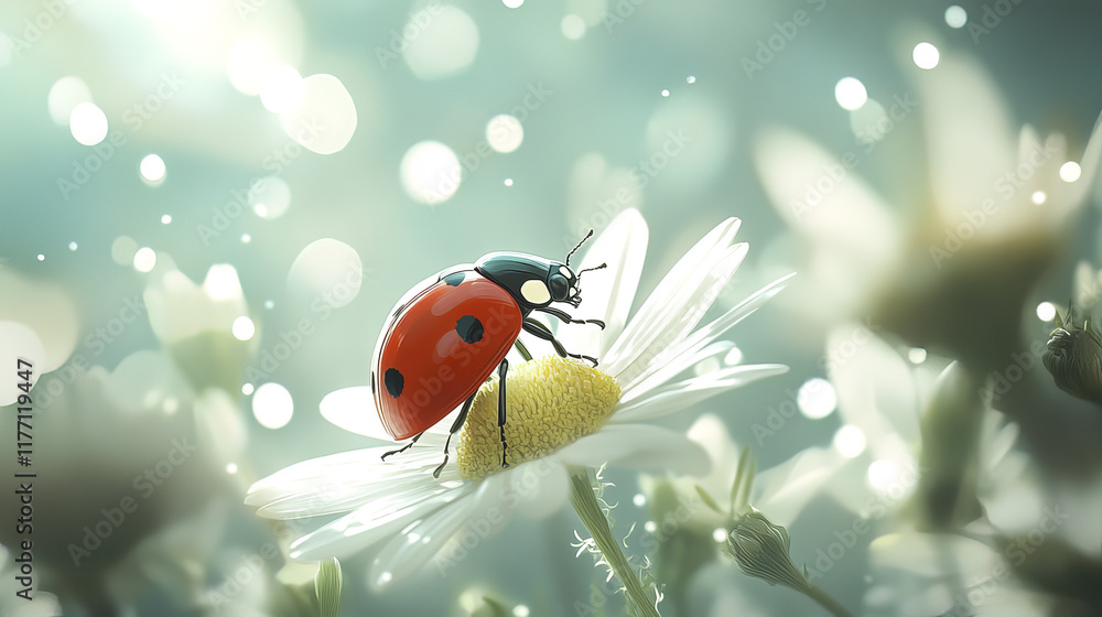 vibrant red ladybug perched on white daisy, its glossy shell contrasting with delicate petals, surrounded by dreamy, softly blurred background of light and bokeh vibrant red ladybug perched on white daisy, its glossy shell contrasting with delicate petals, surrounded by dreamy, softly blurred background of light and bokeh