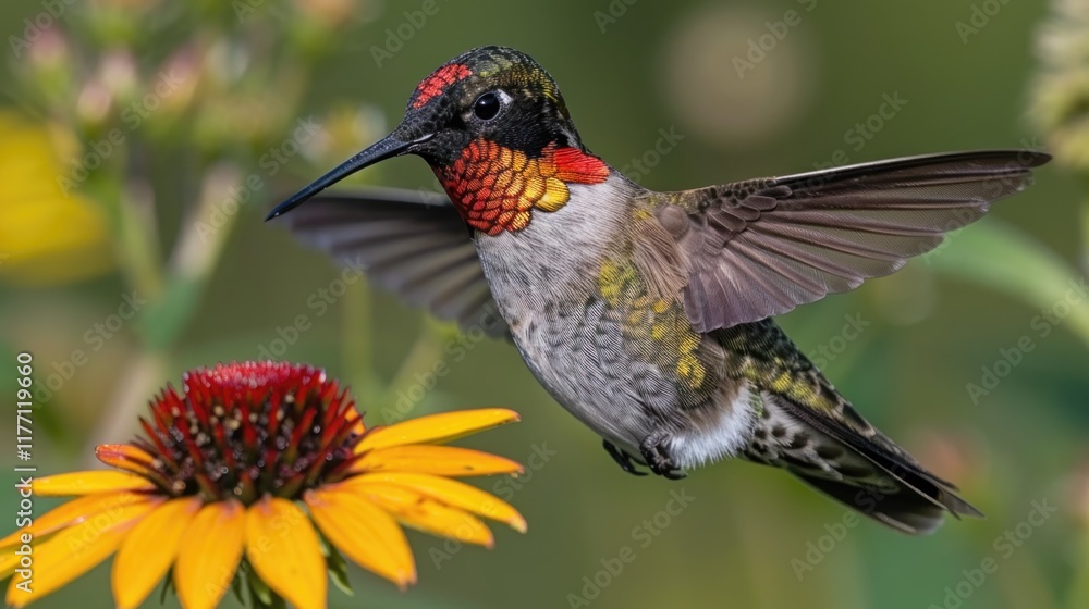 Obraz premium Ruby-throated hummingbird hovering near flower, garden background, nature photography
