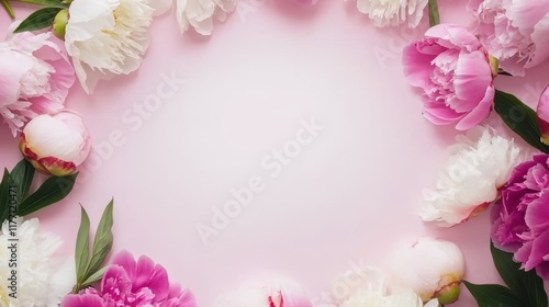 Fototapeta Naklejka Na Ścianę i Meble -  Pink Peony Bloom Frame: Delicate pink and white peonies arranged in a circular frame on a soft pink background, creating a romantic and elegant floral design. Perfect for wedding invitations.