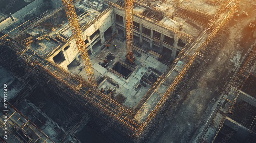 Aerial view of construction site featuring cranes and concrete structures, showcasing progress of large building project under warm glow of sunset Aerial view of construction site featuring cranes and concrete structures, showcasing progress of large building project under warm glow of sunset