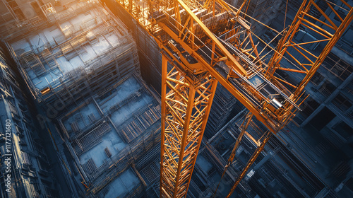 Aerial view of tower crane lifting materials at construction site, with steel framework and concrete structures visible in background, under warm sunlight