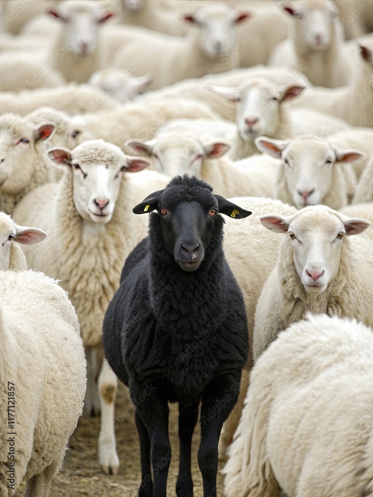 Obraz premium A black sheep stands in a herd of white sheep