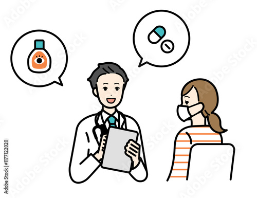 Illustration of a woman consulting a doctor for hay fever.
