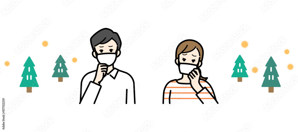 Naklejka premium Clip art of man and woman wearing masks who are troubled by hay fever. 