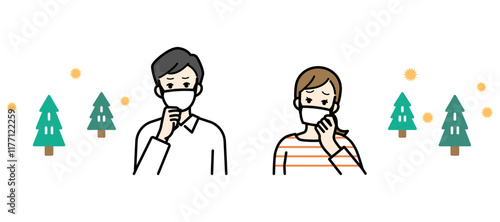 Clip art of man and woman wearing masks who are troubled by hay fever.
