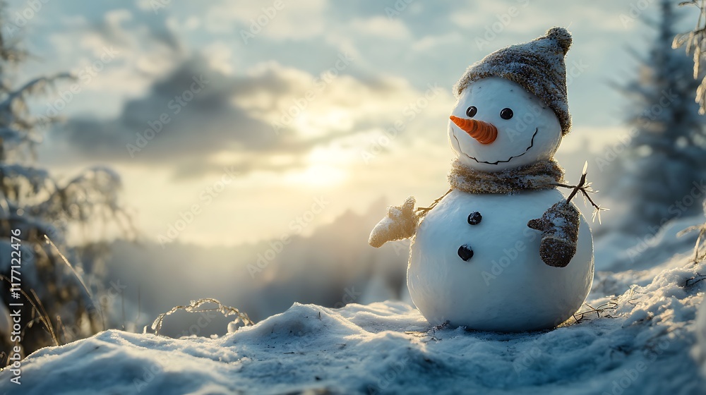 Obraz premium Snowman with tattered mittens staring at a snowy ridge