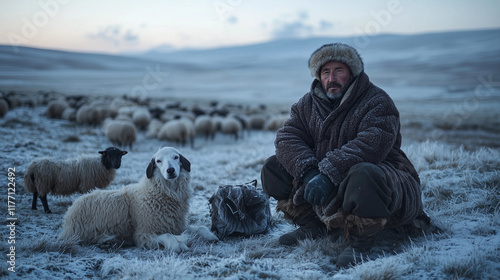 An icy plain at twilight, with sheep scattered across the frozen grass under the fading light. The man, framed from the chest up, is bundled in a wool coat and a fur-lined hat. A s photo