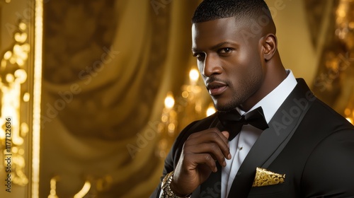 Sophisticated Gentleman in Tuxedo: A handsome man with a strong jawline and intense gaze exudes confidence in a classic black tuxedo. The luxurious gold accents add a touch of opulence and prestige. photo