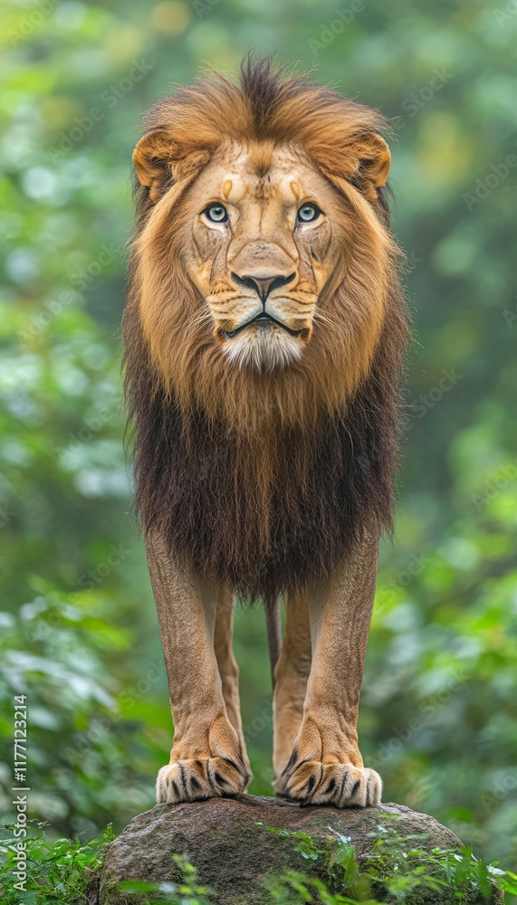 Majestic Lion Standing Tall on Rock, Lush Jungle Background, Powerful Wildlife Portrait Majestic Lion Standing Tall on Rock, Lush Jungle Background, Powerful Wildlife Portrait