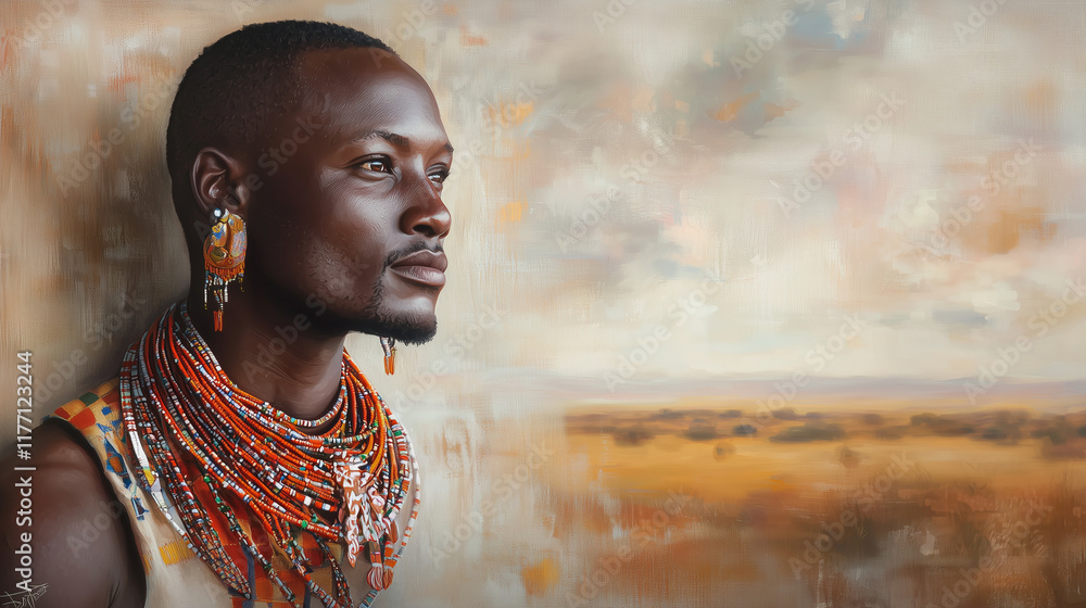 A striking portrait of a Maasai warrior from Kenya, adorned with vibrant red and orange beaded necklaces, intricate ear ornaments, and traditional facial markings. The background i A striking portrait of a Maasai warrior from Kenya, adorned with vibrant red and orange beaded necklaces, intricate ear ornaments, and traditional facial markings. The background i