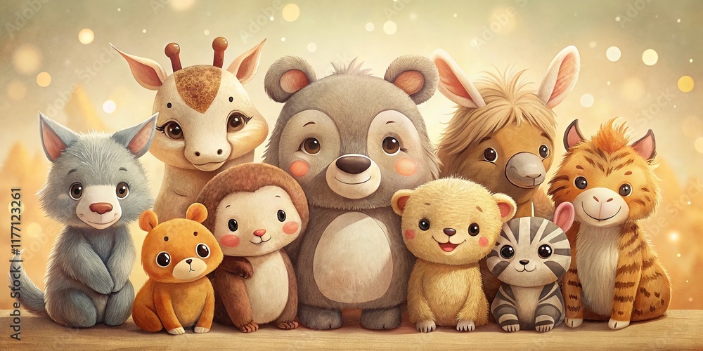 Obraz premium Adorable Group of Cartoon Animals in Low Light, Easy Drawing Style