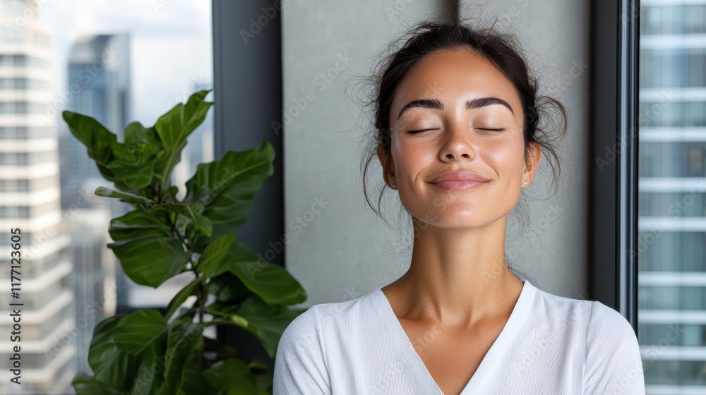 serene Asian woman with closed eyes enjoys moment of peace in office serene Asian woman with closed eyes enjoys moment of peace in office