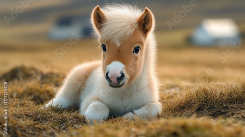 Fluffy Shetland foal resting on a green grassy meadow surrounded by scattered dry grass. Far off, a farm sits quietly, completing the peaceful rural scene.