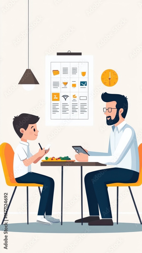Father and Son Sharing a Meal at Dining Table, Modern Interior Design with Bright Colors, Interactive Moment Between Parent and Child Father and Son Sharing a Meal at Dining Table, Modern Interior Design with Bright Colors, Interactive Moment Between Parent and Child