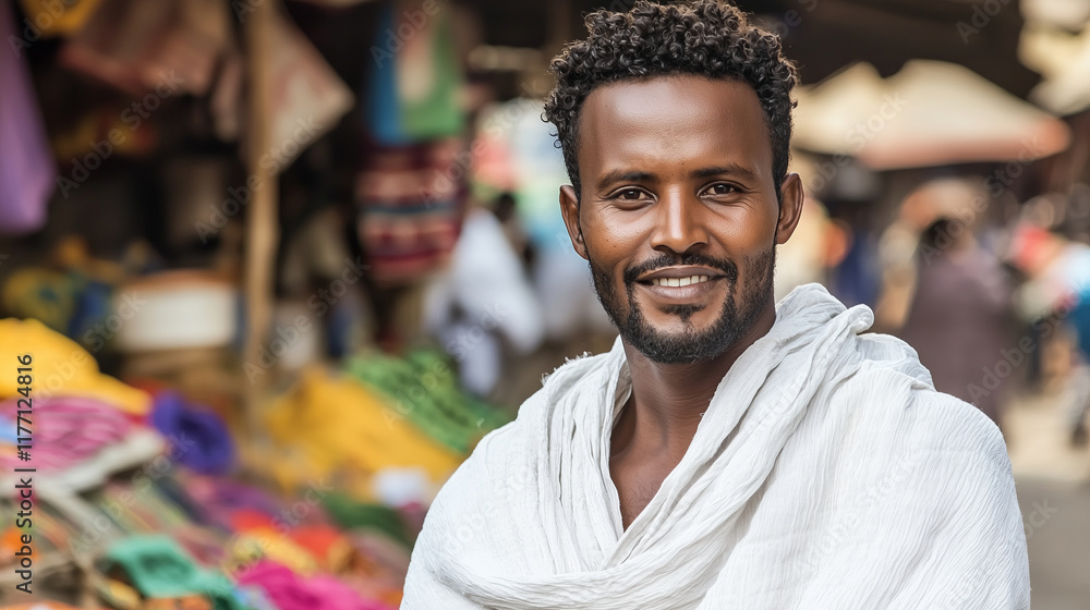 A vibrant portrait of an Ethiopian man wearing a white gabi shawl, his warm smile framed by his short hair and beard. The background features a bustling market scene with stalls se A vibrant portrait of an Ethiopian man wearing a white gabi shawl, his warm smile framed by his short hair and beard. The background features a bustling market scene with stalls se