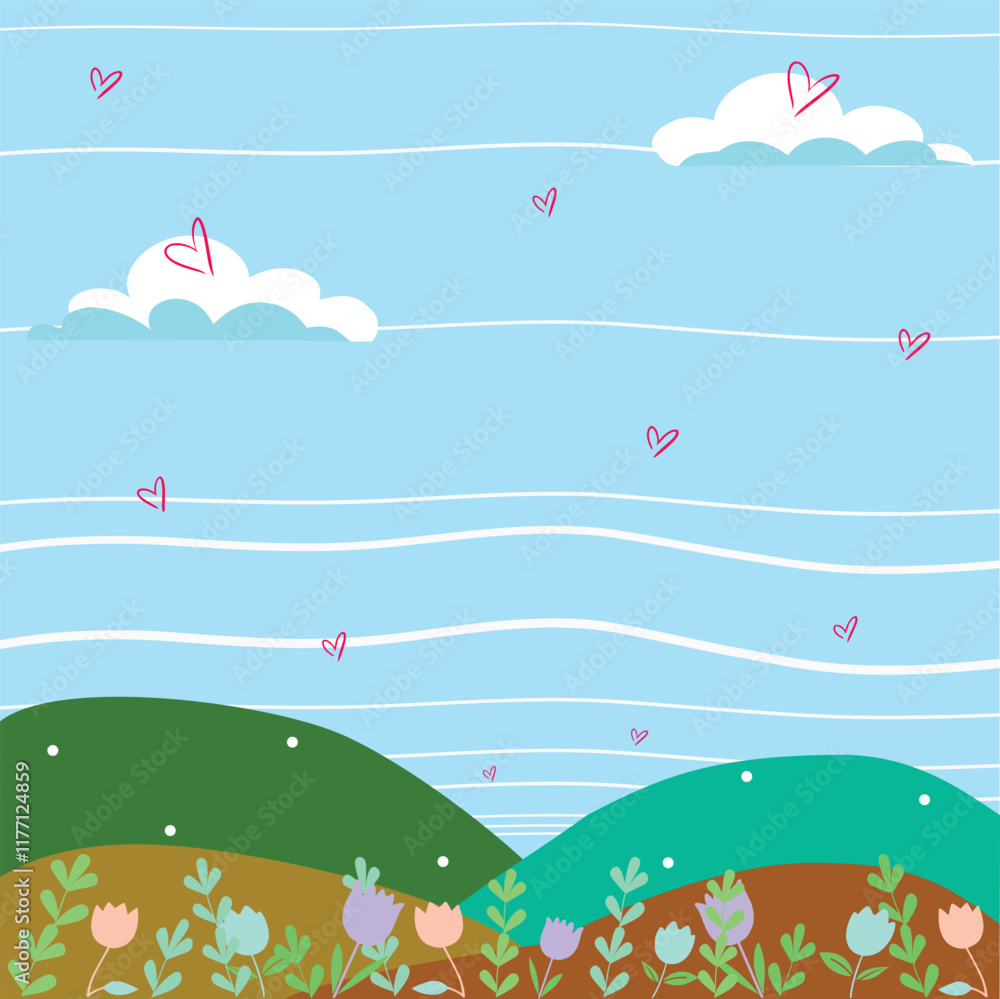 Mountain view, flowers, clouds, hearts filling the sky. bright summer light blue sky. Mountain view, flowers, clouds, hearts filling the sky. bright summer light blue sky.