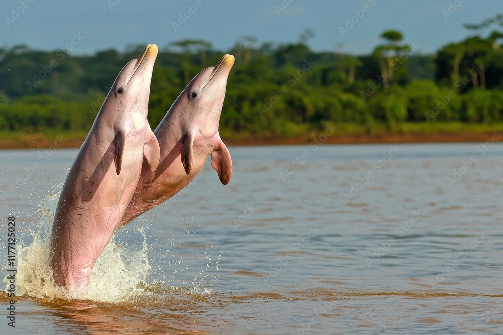 Fototapeta premium A pair of pink river dolphins breaching the surface of the Amazon River, their sleek bodies shimmering.