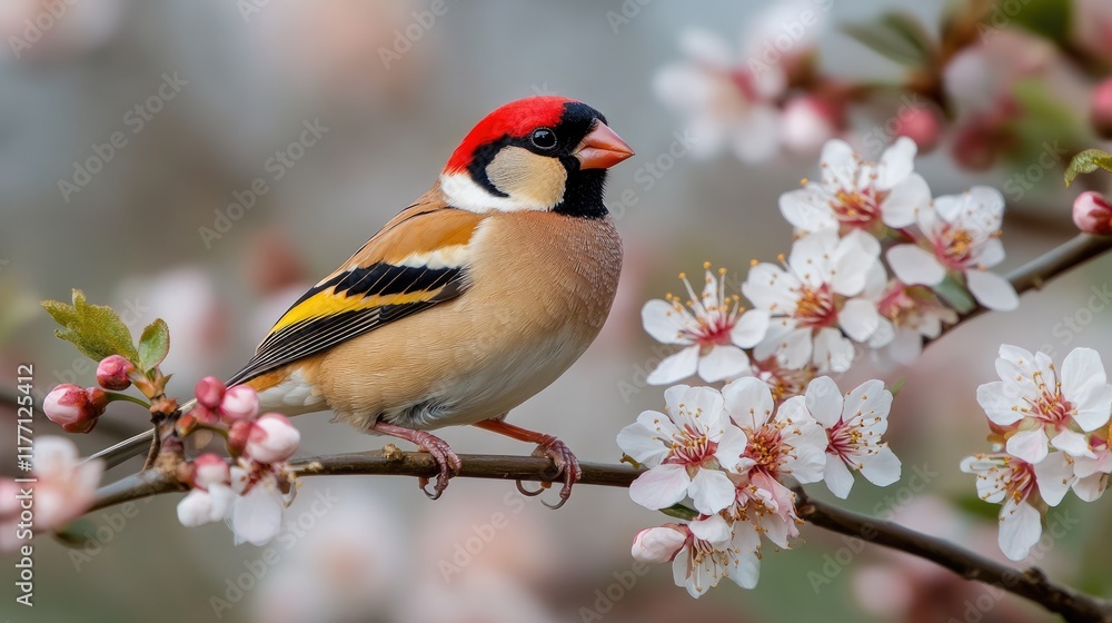 A goldfinch perched on a blooming branch in a spring garden. Bright blossoms and soft greenery surround the scene. A goldfinch perched on a blooming branch in a spring garden. Bright blossoms and soft greenery surround the scene.