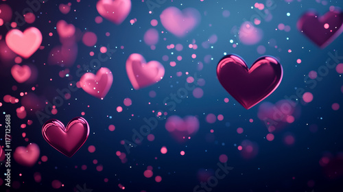 Romantic heart shapes floating in a dreamy background