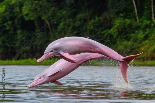 A pair of pink river dolphins breaching the surface of the Amazon River, their sleek bodies shimmering. photo