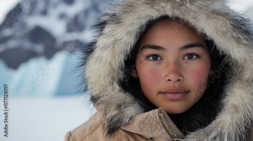 A young Inuit woman, dressed in a fur-lined parka, with snow-covered mountains and icy blue glaciers behind her. Her strong gaze reflects both the harshness and beauty of the Arcti photo