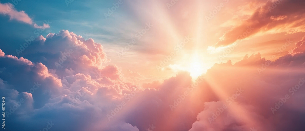 Vibrant clouds merging into cosmic sunset, radiating warm light