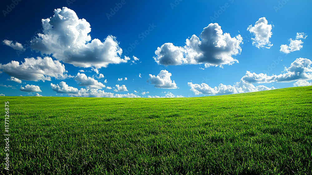 Obraz premium Serene Landscape: Rolling Green Field Under a Vivid Blue Sky with Fluffy White Clouds. A picturesque summer scene, perfect for nature lovers and desktop backgrounds.