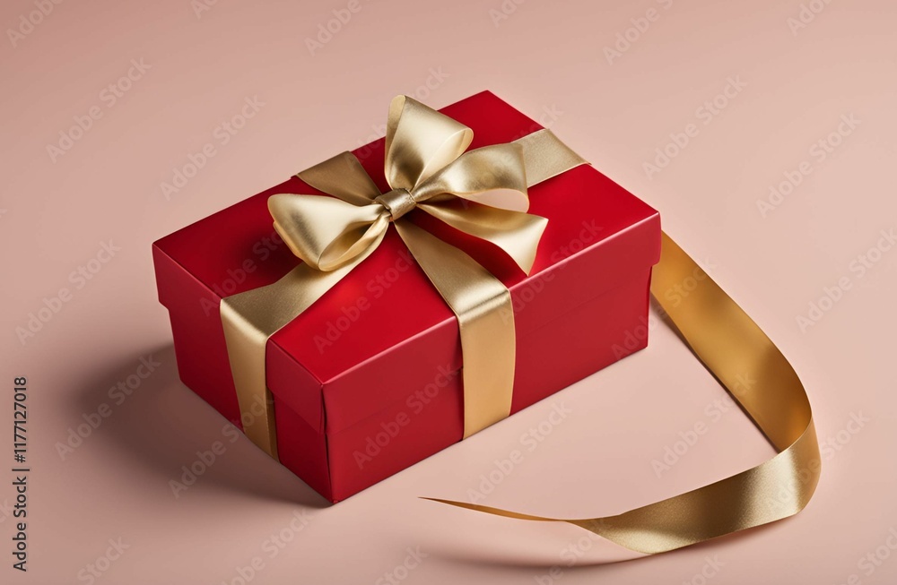 Obraz premium Bright red gift box with a shiny gold ribbon tied in an elegant bow