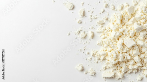 Close-up of Crumbled White Cheese on White Background