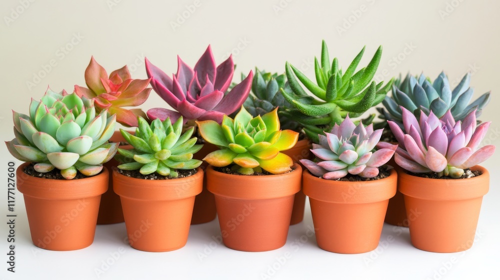 A group of small succulents in clay pots, featuring colorful varieties like echeveria and sedum, on a white background. A group of small succulents in clay pots, featuring colorful varieties like echeveria and sedum, on a white background.