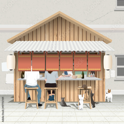 Asian street food wooden stall shop with customers are eating and cats are playing chaotically at sidewalk have building wall background graphic illustration.