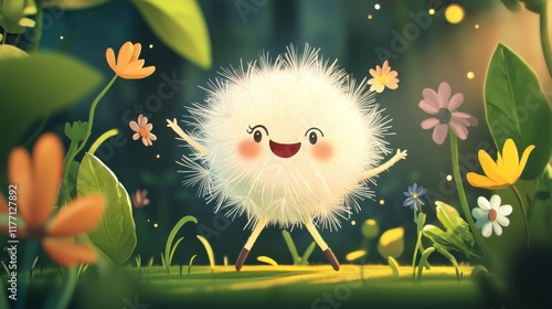 Cute fluffy dandelion character dancing in a flower garden.