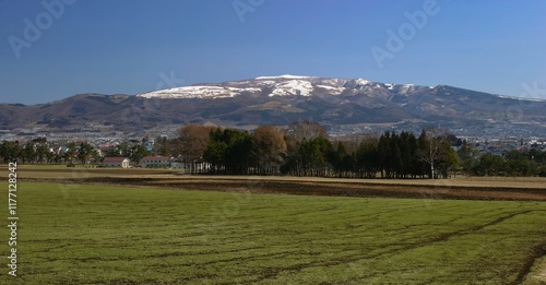 春の畑と冠雪した横津岳 photo