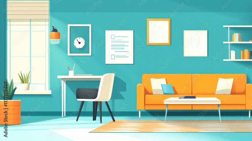 Fototapeta premium Bright and Modern Living Room Interior Design with Orange Sofa, Minimalist Decor, and Stylish Furniture Against a Vibrant Teal Background