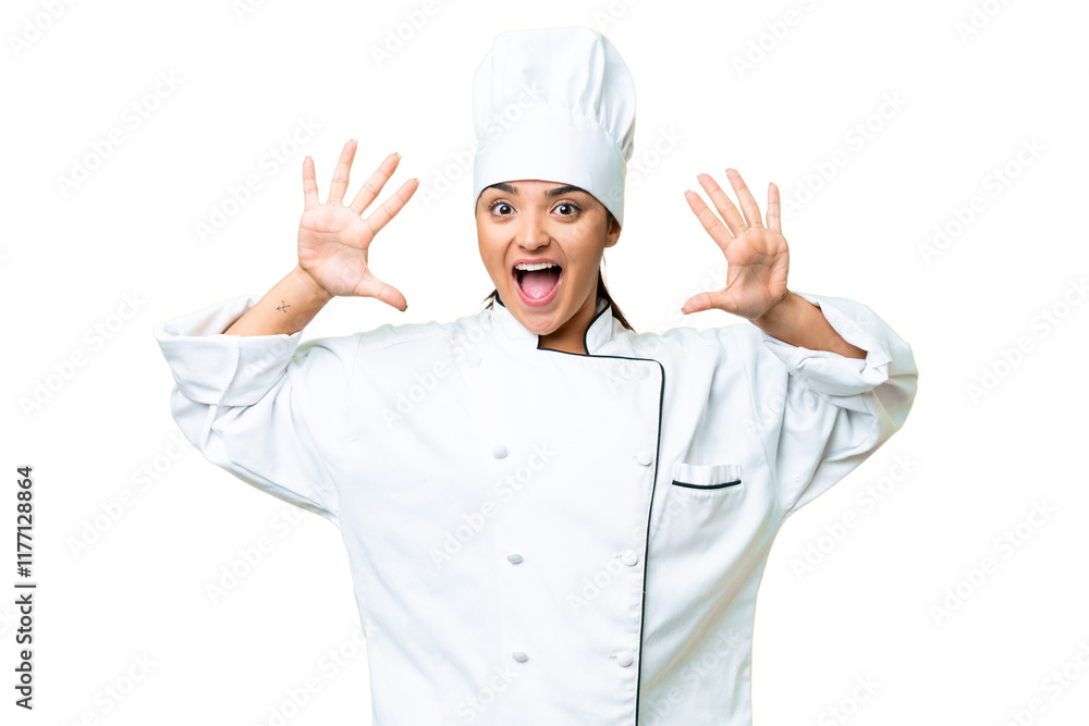 Young woman Chef over isolated chroma key background counting ten with fingers Young woman Chef over isolated chroma key background counting ten with fingers