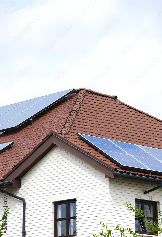 Building with installed solar panels on roof. Alternative energy source, detailed, with white tones Building with installed solar panels on roof. Alternative energy source, detailed, with white tones