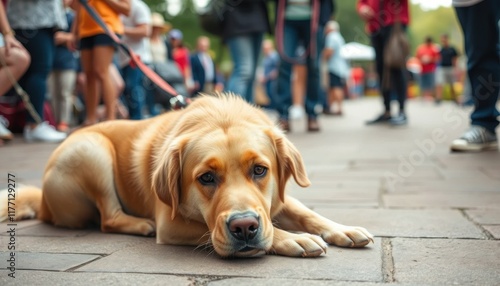 Golden Retriever Resting on a City Sidewalk Amidst Blurred Crowd