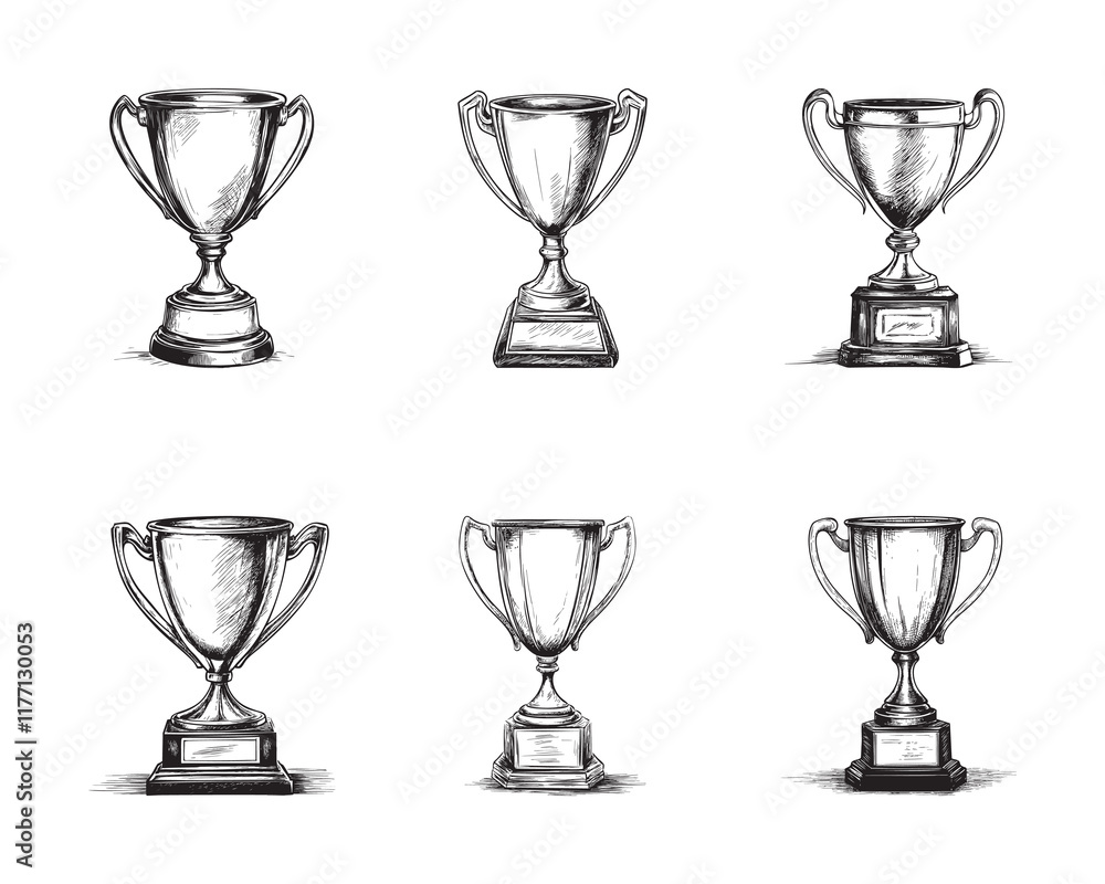 Set of prize cup vector illustrations - hand drawn prize cup - black and white Champion trophy isolated on white background Set of prize cup vector illustrations - hand drawn prize cup - black and white Champion trophy isolated on white background