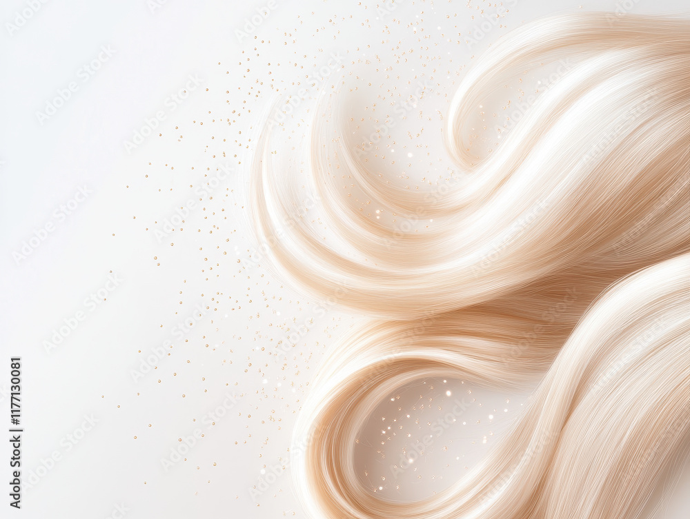 Luxurious blonde hair flowing with shimmering particles, creating dreamy effect Luxurious blonde hair flowing with shimmering particles, creating dreamy effect