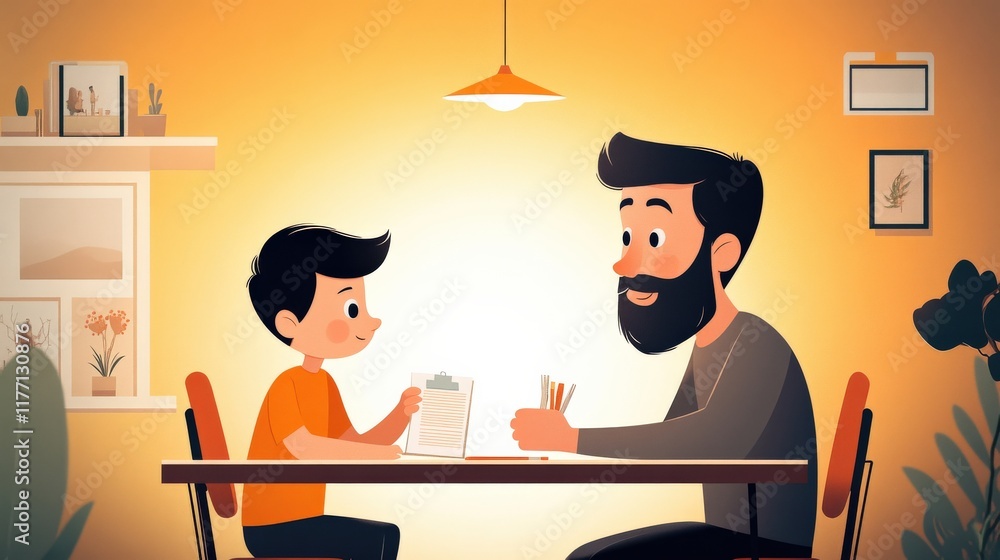 A Father and Son Engaging in Quality Time Together While Drawing and Learning at a Cozy Table in a Warm and Inviting Room with Decorative Elements A Father and Son Engaging in Quality Time Together While Drawing and Learning at a Cozy Table in a Warm and Inviting Room with Decorative Elements