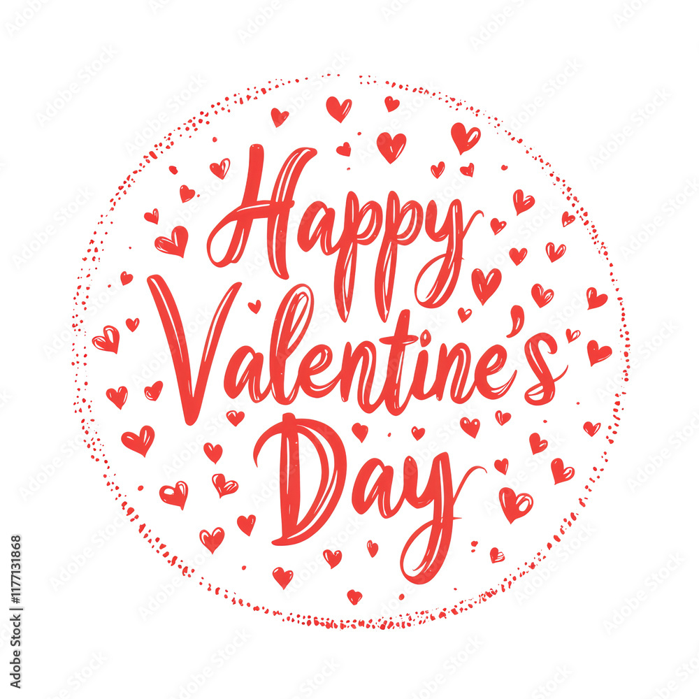 A circular Valentines Day greeting features red hand-drawn lettering and scattered hearts. A circular Valentines Day greeting features red hand-drawn lettering and scattered hearts.