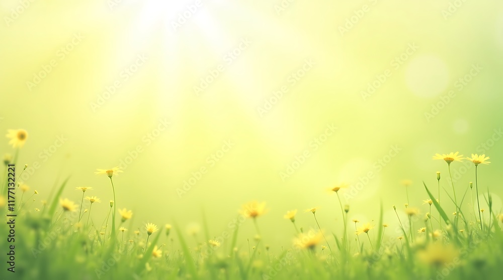 Fototapeta premium Serene Meadow: A Sunlit Springtime Vista of Blooming Yellow Flowers