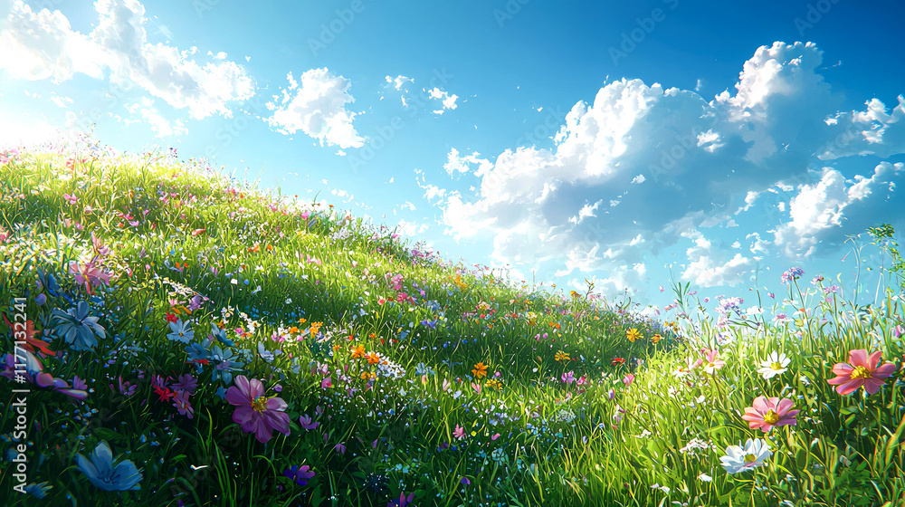 Obraz premium Vibrant Wildflower Meadow under a Sunny Sky: A Stunning Landscape of Blooming Flowers and Lush Greenery