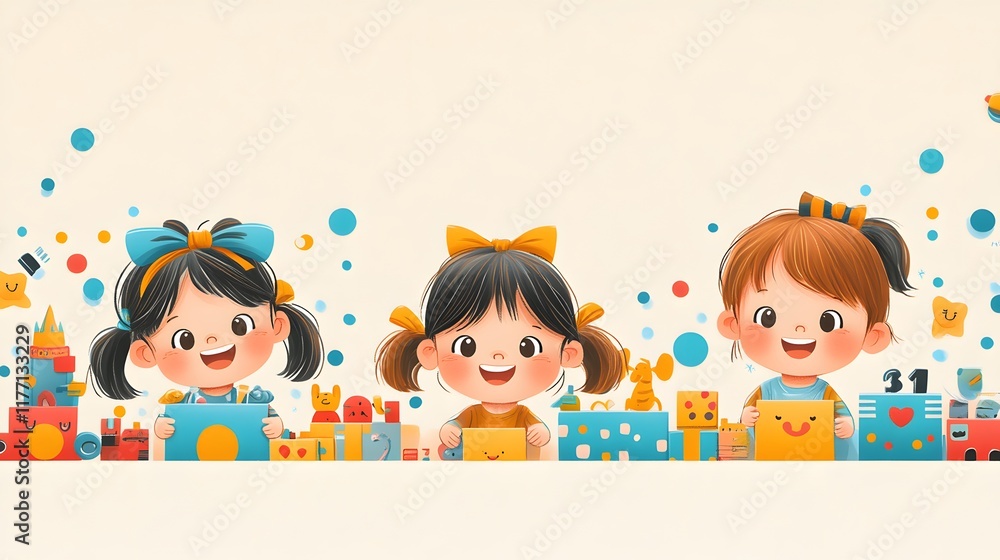 A creative childrens day design with happy kids surrounded by fun toys and a pastel background with space for text A creative childrens day design with happy kids surrounded by fun toys and a pastel background with space for text