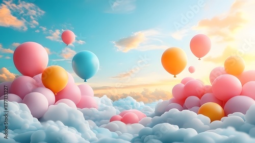 A cheerful childrens day theme with colorful balloons, toys, and a sunny sky background for a festive poster