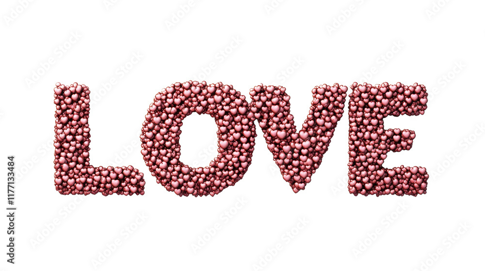 The image shows the word love created using numerous small pink hearts against a black background. The image shows the word love created using numerous small pink hearts against a black background.