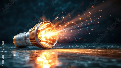 The flashlight cartoon illustration features a sleek, modern design with a large, glowing lightbulb emitting a bright beam of light, illuminating the surrounding area.