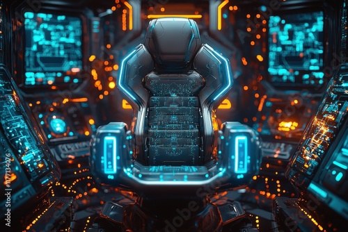 Fototapeta Naklejka Na Ścianę i Meble -  Empty pilot seat in futuristic spaceship cockpit with glowing screens and controls
